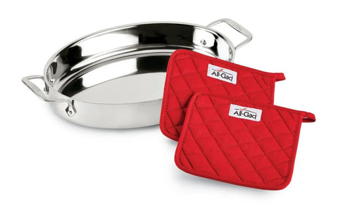 Specialty Cookware, 3 Piece Stainless Steel Oval Baker with 2 red pot holders, 15 inch