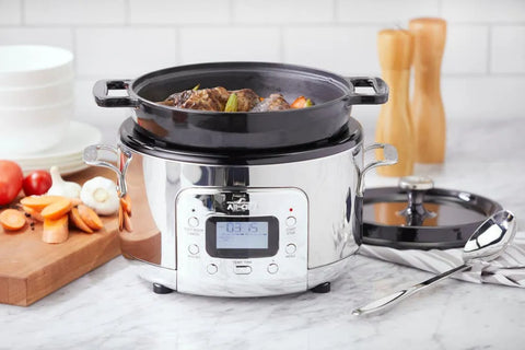 Stainless Steel 6-in-1 Digital Slow Cooker with Enameled Cast Iron Pot; 5 quart