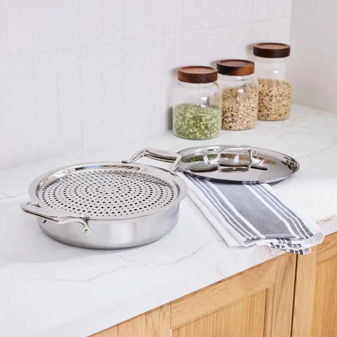 D5 Stainless Brushed 5-ply Bonded Cookware, Sauteuse with lid and Strain &amp; Splatter Guard, 4 quart