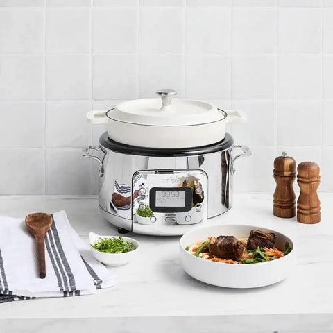 Stainless Steel 6-in-1 Digital Slow Cooker with Removable Cast Iron Pot, 5 quart