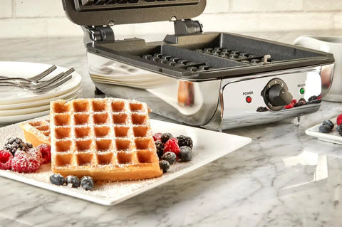 Gourmet Stainless Steel Waffle Maker with Removable Plates; 4 slice