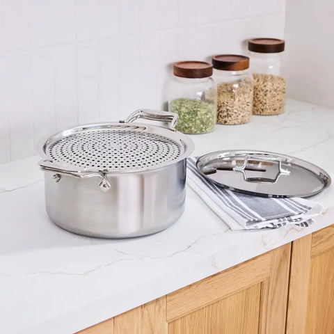 D5 Stainless Brushed 5-ply Bonded Cookware, Stockpot with lid and Strain &amp; Splatter Guard, 8 quart