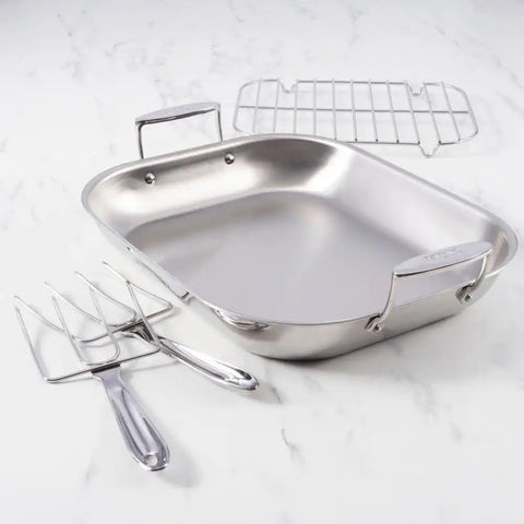 D3 Stainless 3-Ply Bonded Cookware, Large Flared Roaster with Rack and Two Turkey Forks