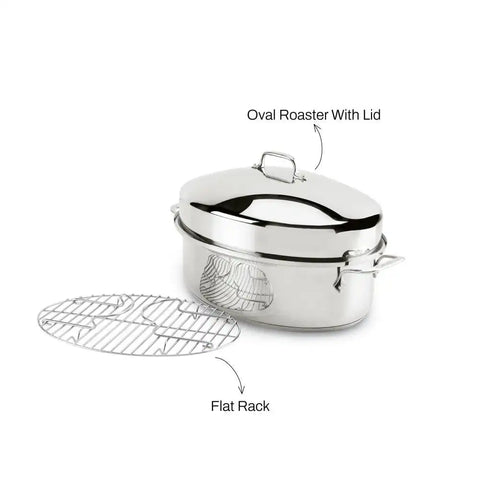 Specialty Cookware, Stainless Steel Oval Roaster with flat rack and lid, 15 inch