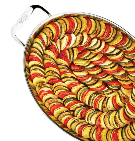 Specialty Cookware, 3 Piece Stainless Steel Oval Baker with 2 red pot holders, 15 inch
