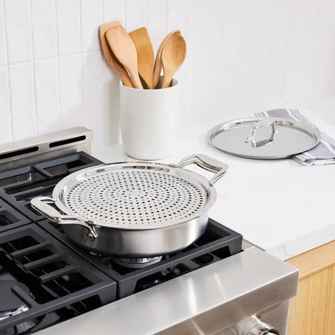 D5 Stainless Brushed 5-ply Bonded Cookware, Sauteuse with lid and Strain &amp; Splatter Guard, 4 quart
