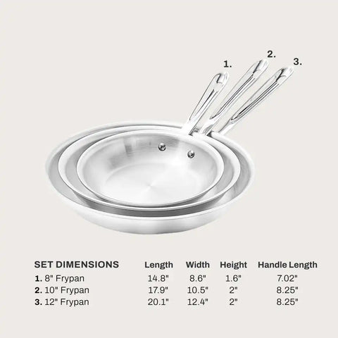 D3 Stainless 3-Ply Bonded Cookware, 3 Piece Fry Pan Set, 8, 10 &amp; 12 Inch