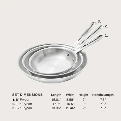 D5 Stainless Polished 5-Ply Bonded Cookware, 3 Piece Fry Pan Set, 8, 10 &amp; 12 Inch