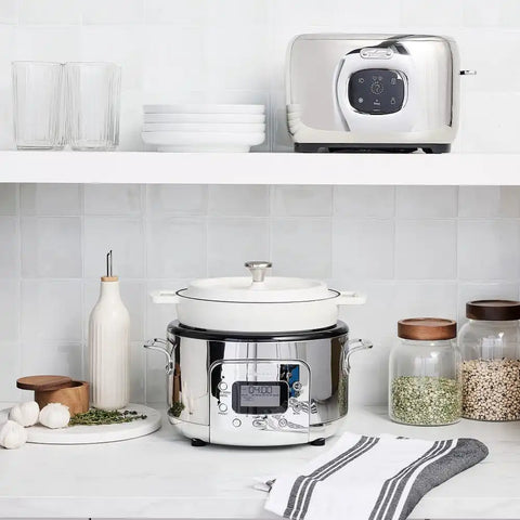 Stainless Steel 6-in-1 Digital Slow Cooker with Removable Cast Iron Pot, 5 quart